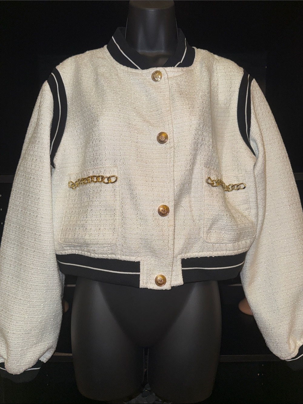 Bebe Women's Off-White Tweed Bomber Jacket with Gold Chain and Button Detail